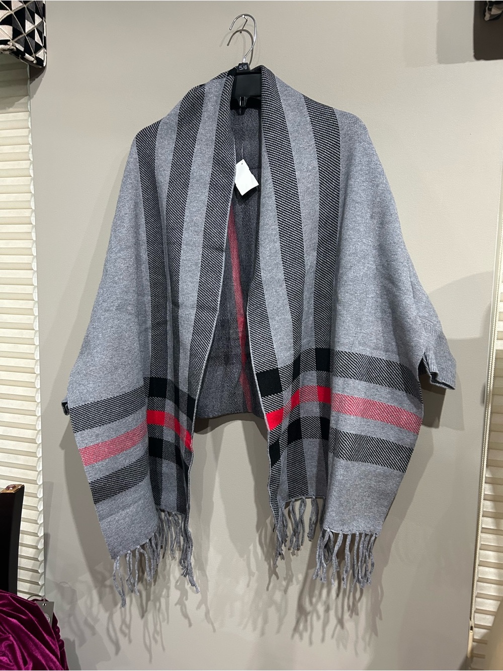 Gray and Red Striped Fringe Throw shawl with sleeve